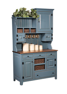 Lizzie's - Amish Handcrafted Hoosier Hutch - Blue Slate w/ Earthtone Stained Top