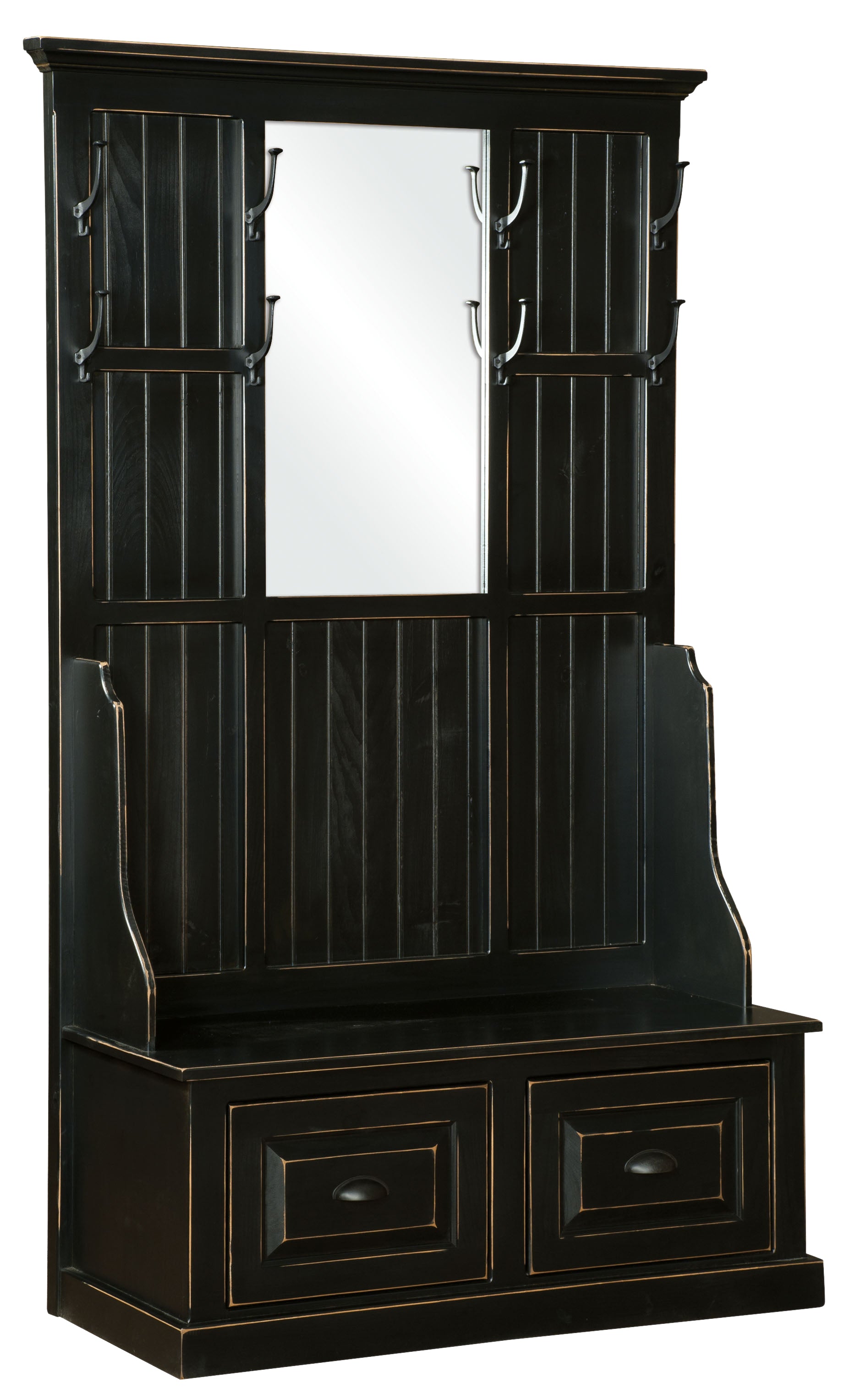 Vintage Pine- Amish Handcrafted Hall Tree Bench With Mirror