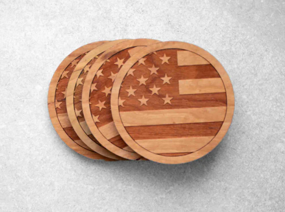 American Flag Cherry Wood Coasters