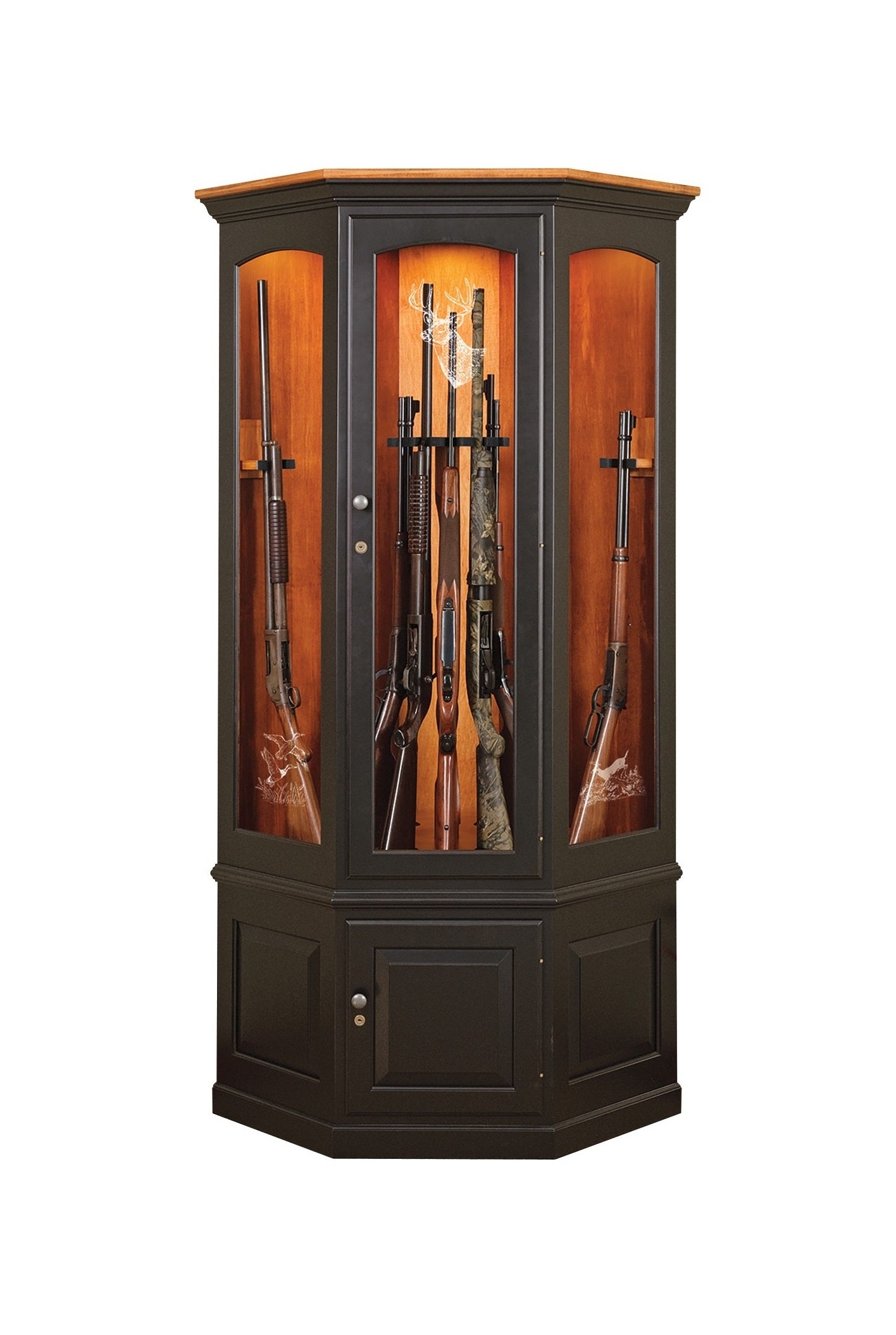 The Revolver - Amish Corner Gun Cabinet with Rotating Gun Rack Carousel - Black Paint with Harvest Stained Back