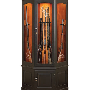 The Revolver - Amish Corner Gun Cabinet with Rotating Gun Rack Carousel - Black Paint with Harvest Stained Back