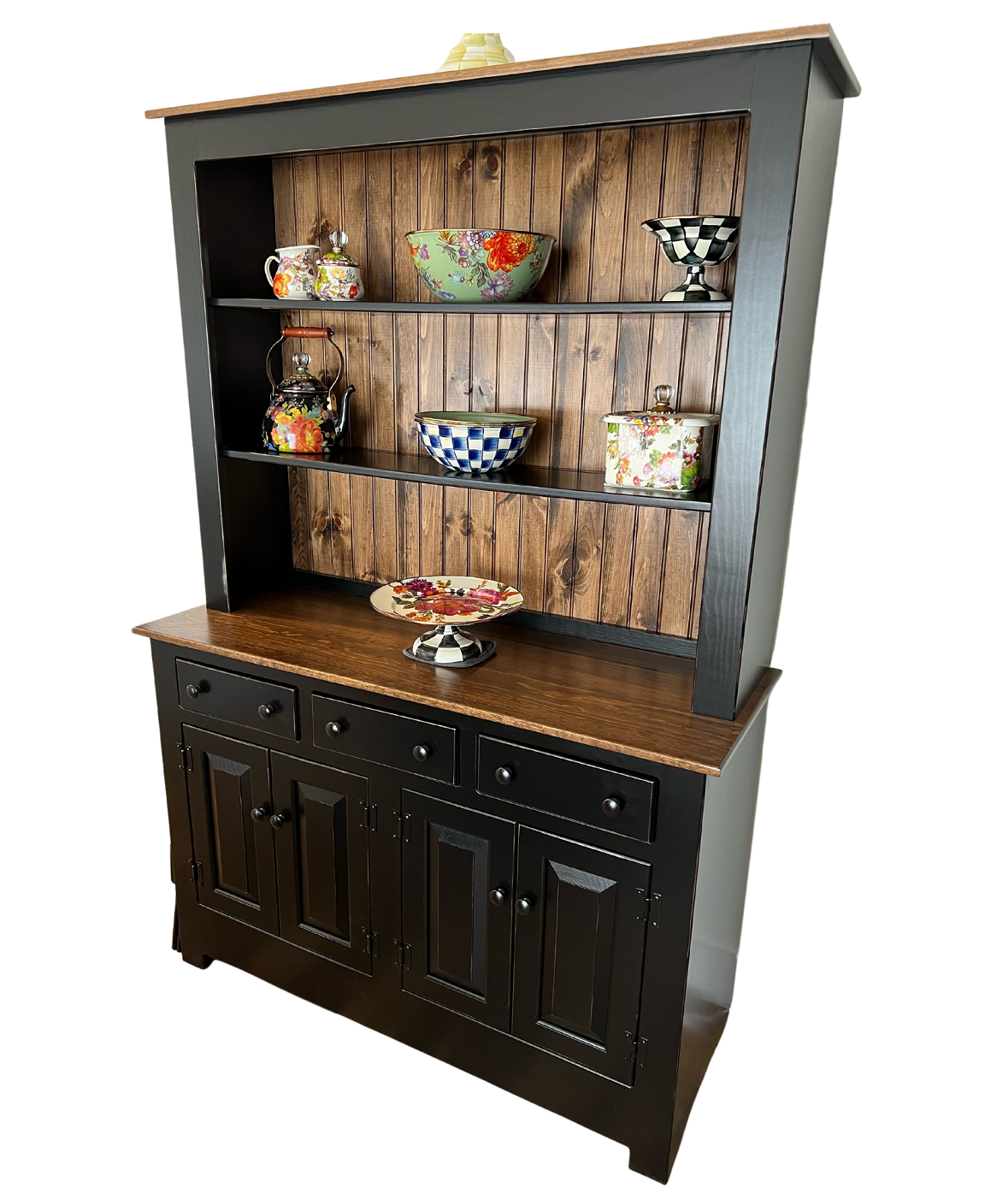 Farmhouse Open Shelf Hutch - Primitive Black w/ Special Walnut Tops & Back