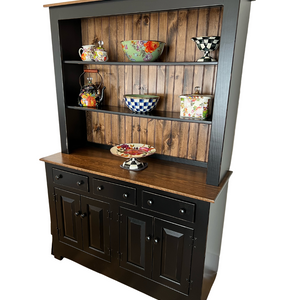 Farmhouse Open Shelf Hutch - Primitive Black w/ Special Walnut Tops & Back
