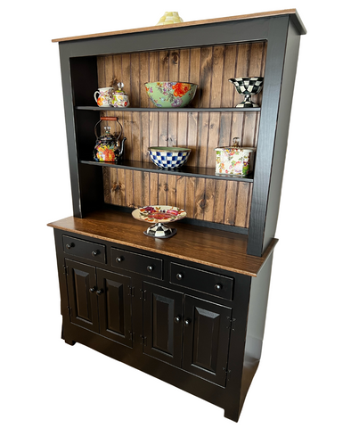 Farmhouse Open Shelf Hutch - Primitive Black w/ Special Walnut Tops & Back