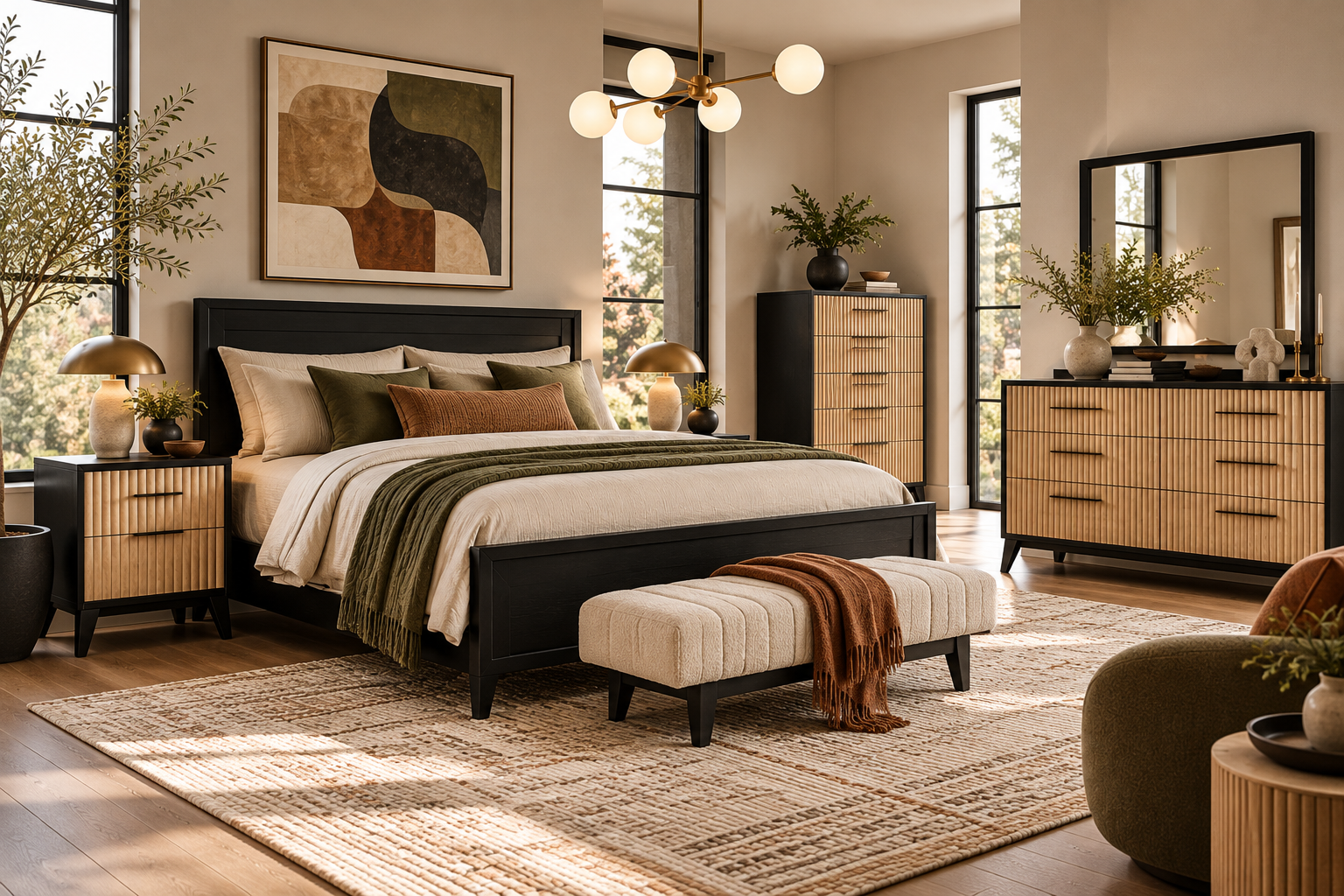 Sofi - Amish Handcrafted Midcentury Modern Bedroom Set with Fluted Drawer Dresser, Nightstand, and Chest of Drawers