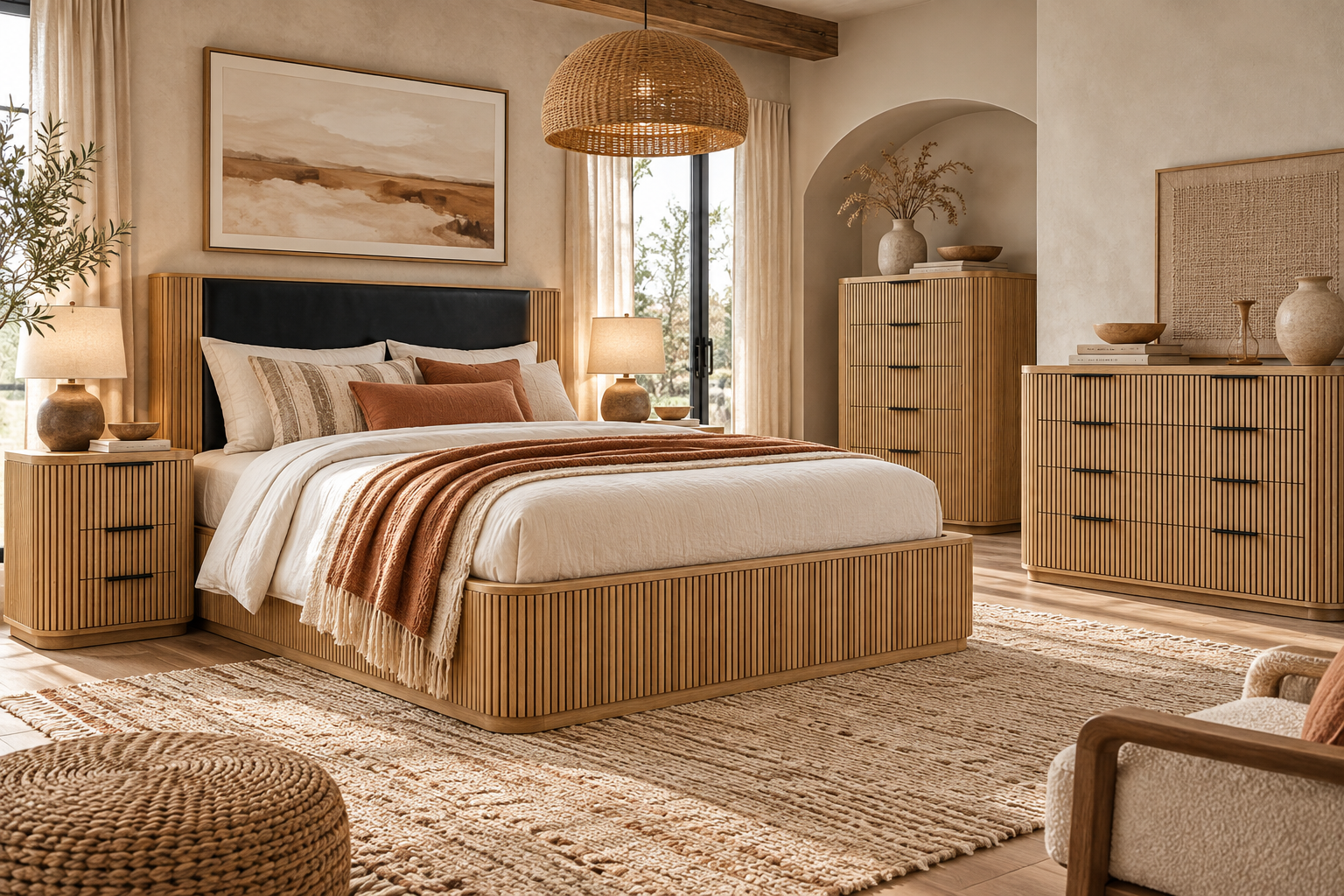 Harper - Amish Solid Wood Fluted Bed with Upholstered Headboard, fluted nightstand, fluted chest of drawers and fluted 8-drawer dresser