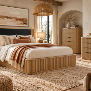 Harper - Amish Solid Wood Fluted Bed with Upholstered Headboard, fluted nightstand, fluted chest of drawers and fluted 8-drawer dresser