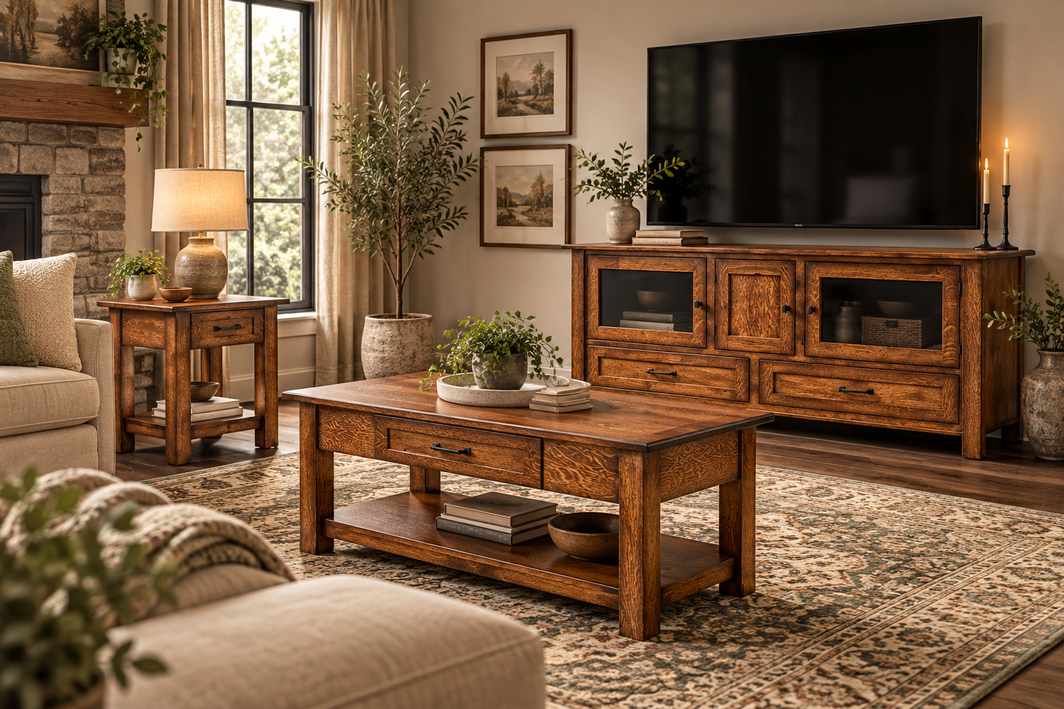 Hudson - Amish Solid Wood Rustic Living Room Furniture with Coffee Table, TV Stand Cabinet, Sofa Table, and End Table