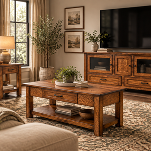 Hudson - Amish Solid Wood Rustic Living Room Furniture with Coffee Table, TV Stand Cabinet, Sofa Table, and End Table