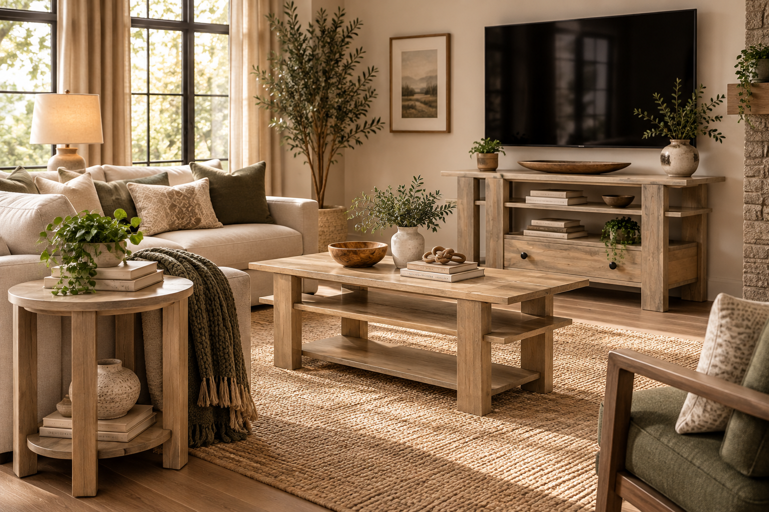 Macy - Amish Handcrafted Living Room with Sofa Table, Coffee Table, TV Stand Cabinet, and Round End Table