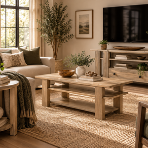 Macy - Amish Handcrafted Living Room with Sofa Table, Coffee Table, TV Stand Cabinet, and Round End Table