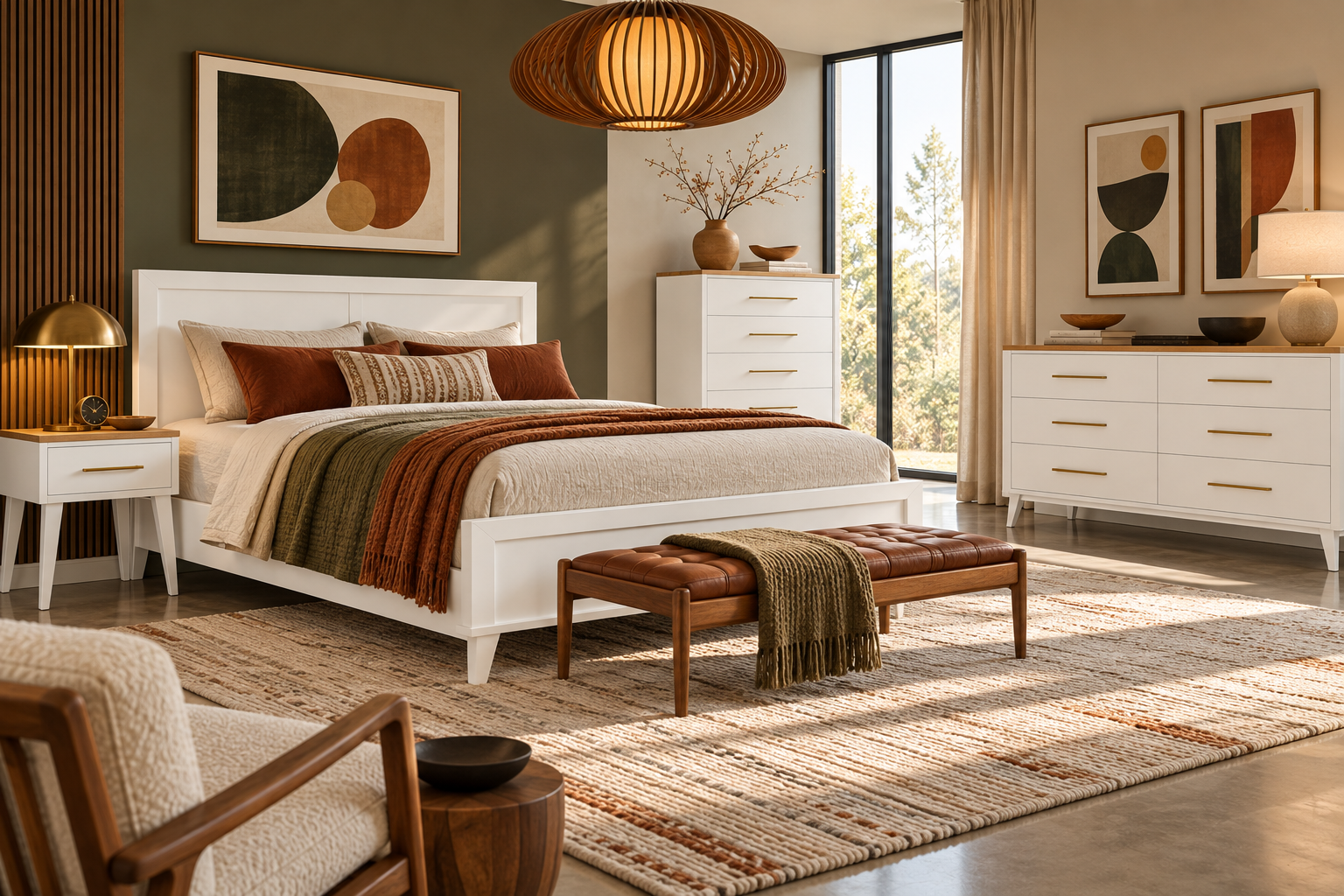 Sofi - Mid Century Solid Wood Bed, Nightstand, Dresser, and Chest of Drawers