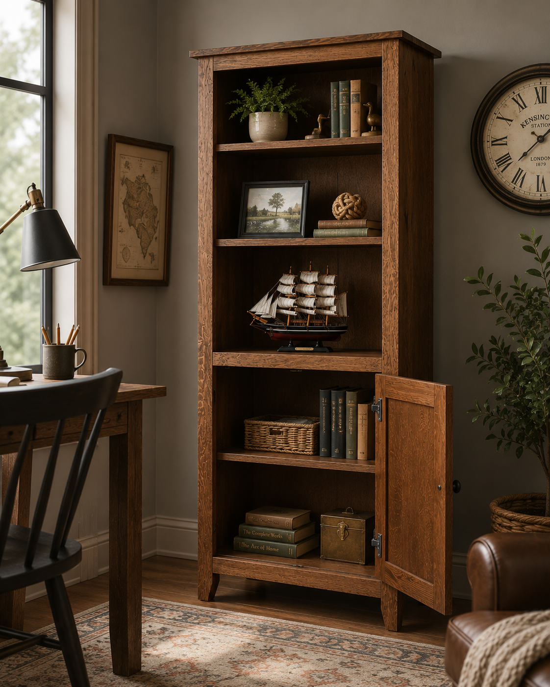 Mission-style solid wood bookcase in a cozy home office with books, plants, and warm rustic décor.