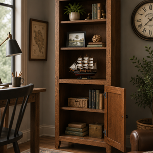 Mission-style solid wood bookcase in a cozy home office with books, plants, and warm rustic décor.