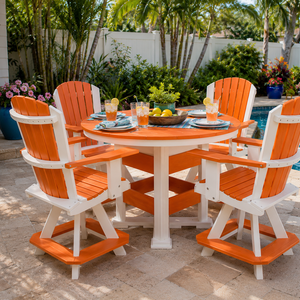 Weather-resistant white poly outdoor dining table with four swivel Adirondack chairs on a poolside patio in a residential backyard.