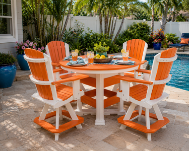 Weather-resistant white poly outdoor dining table with four swivel Adirondack chairs on a poolside patio in a residential backyard.