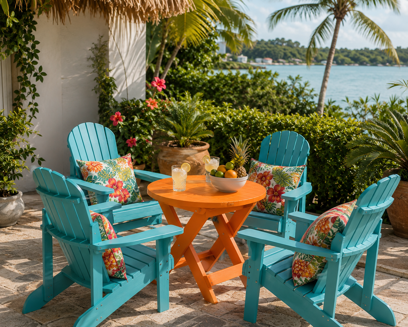 Weather proof orange folding poly bistro table and aqua fanback Adirondack chairs on a tropical waterfront patio.
