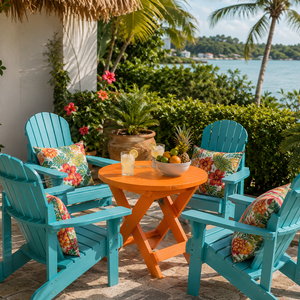 Weather proof orange folding poly bistro table and aqua fanback Adirondack chairs on a tropical waterfront patio.