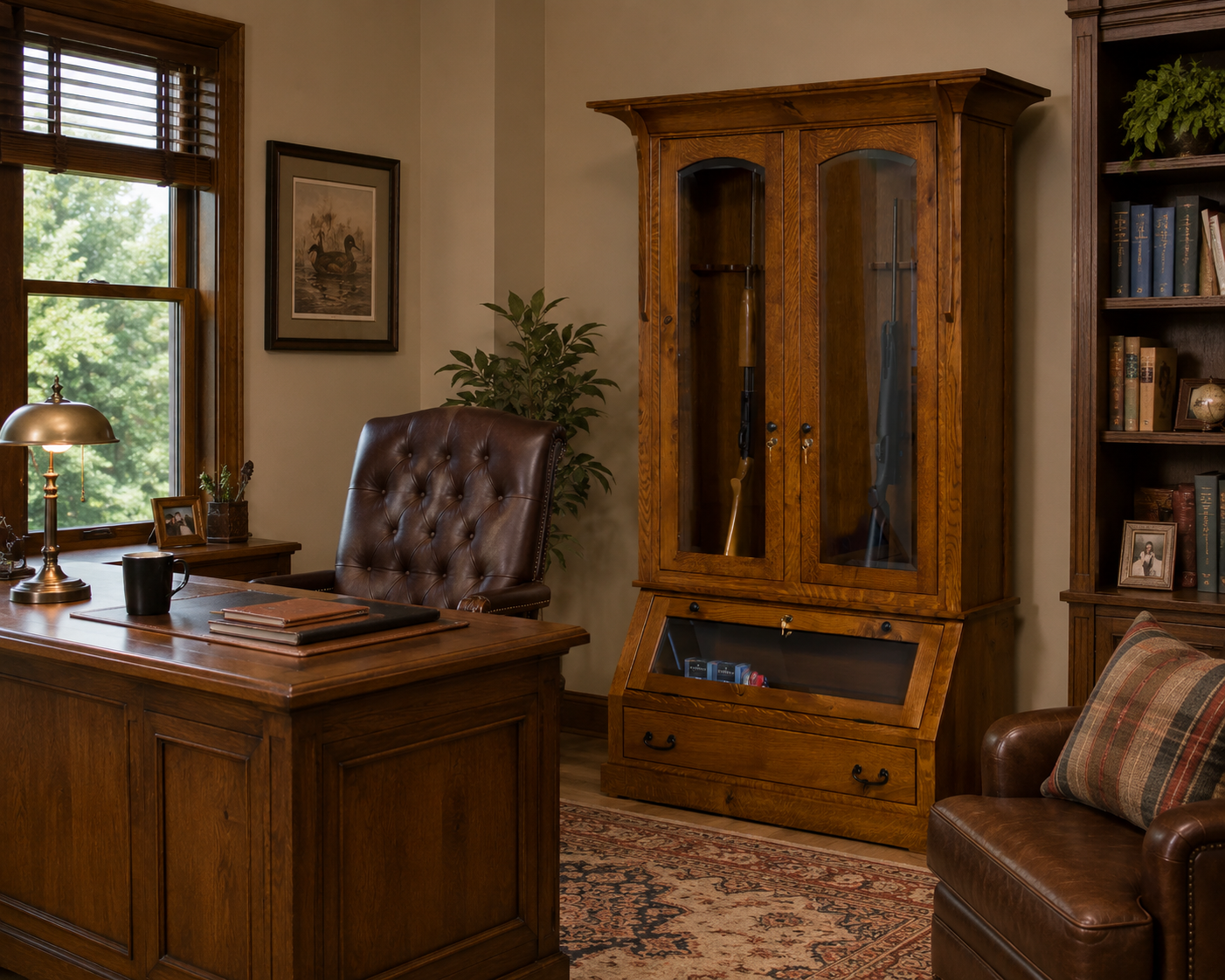 Handcrafted Office Gun Cabinet with rifle display rack and bottom display area 