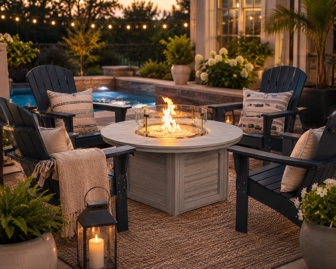 Modern poly fire pit and poly Adirondack chairs create a cozy backyard gathering space by the pool