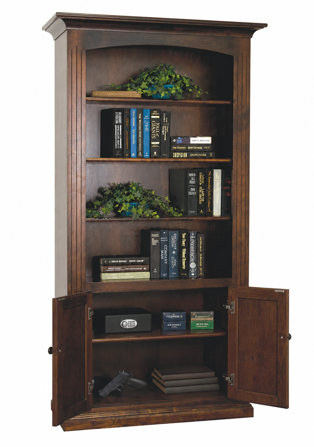 Handcrafted Bookcase with Hidden Gun Rack with adjustable shelf in bottom cabinet