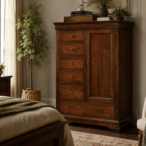 Solid wood armoire with six drawers and a cabinet door, shown in a cozy bedroom with warm, timeless styling
