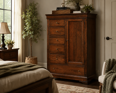 Solid wood armoire with six drawers and a cabinet door, shown in a cozy bedroom with warm, timeless styling