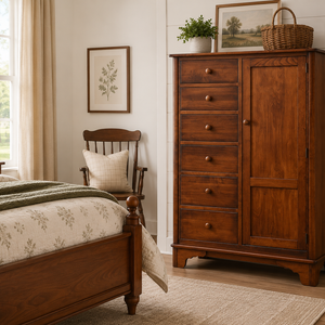 Rustic farmhouse bedroom featuring a solid wood armoire beside a classic bed with cozy neutral bedding and warm country décor.