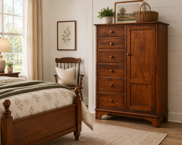 Rustic farmhouse bedroom featuring a solid wood armoire beside a classic bed with cozy neutral bedding and warm country décor.