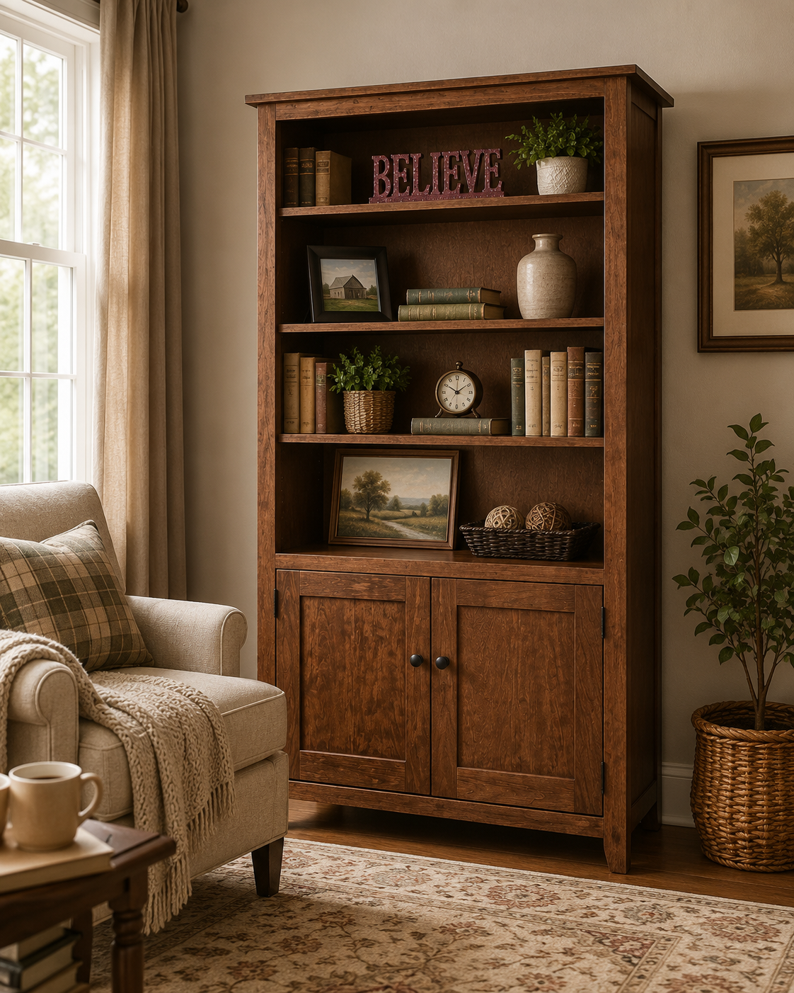 Solid wood bookcase with lower cabinet in a cozy farmhouse living room, styled with books, plants, and warm neutral décor.