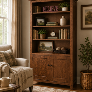 Solid wood bookcase with lower cabinet in a cozy farmhouse living room, styled with books, plants, and warm neutral décor.