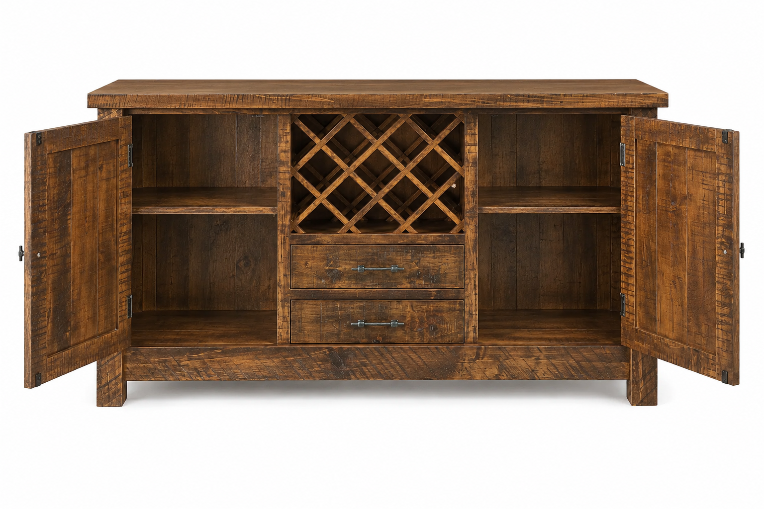 Houston - Amish Handcrafted Wine Server and rustic dining buffet with cabinet doors open