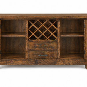 Houston - Amish Handcrafted Wine Server and rustic dining buffet with cabinet doors open