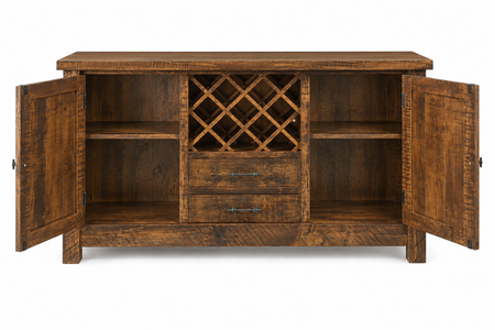 Houston - Amish Handcrafted Wine Server and rustic dining buffet with cabinet doors open
