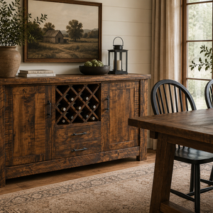 Rustic dining room with reclaimed wood buffet, farmhouse table, black chairs, and cozy neutral décor.
