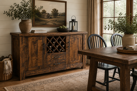 Rustic dining room with reclaimed wood buffet, farmhouse table, black chairs, and cozy neutral décor.
