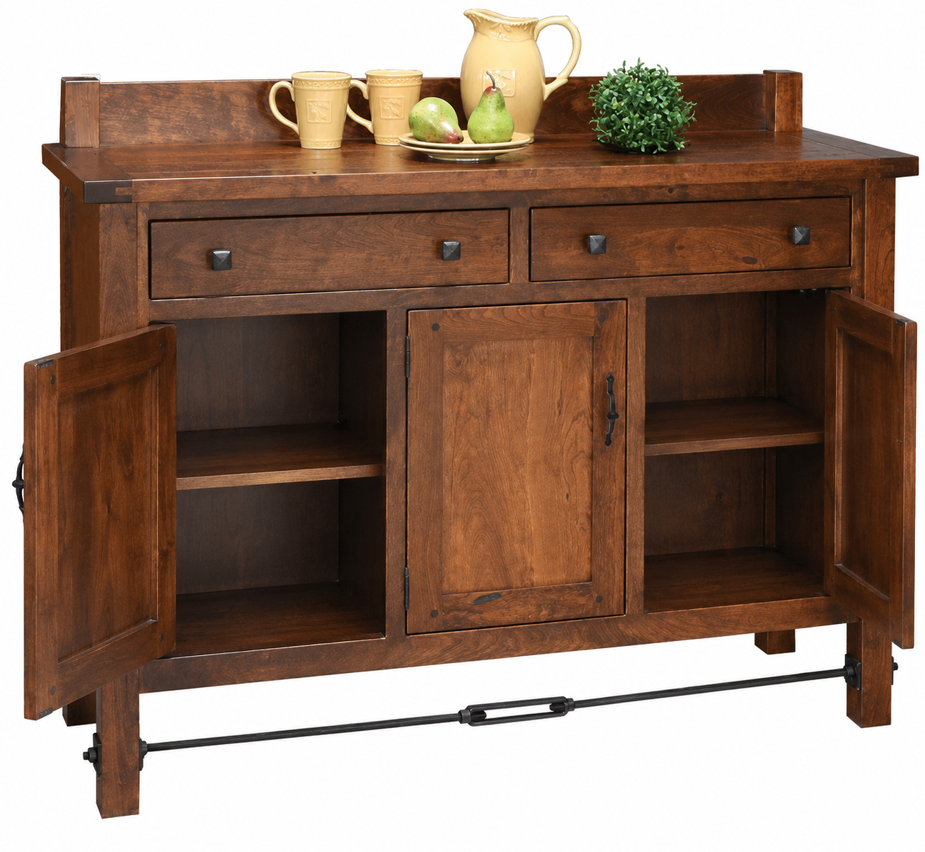 rustic brown sideboard cabin with doors open to show interior dining storage space