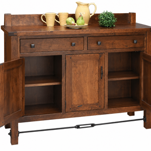 rustic brown sideboard cabin with doors open to show interior dining storage space