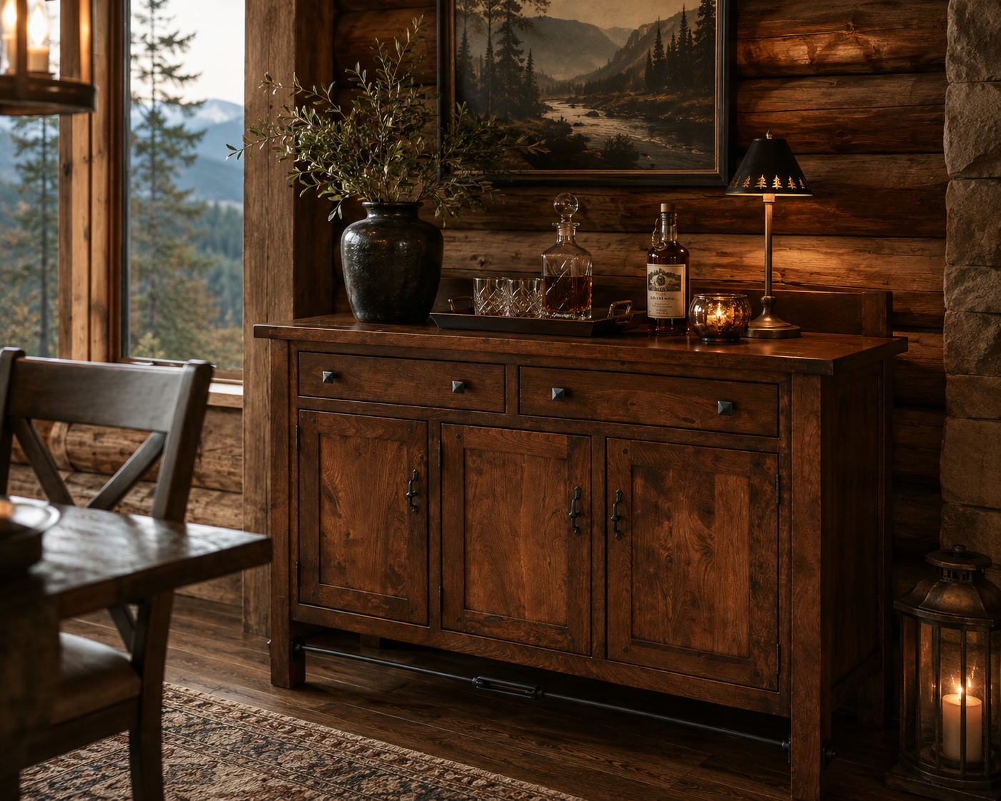 Rustic wood buffet styled as a home bar in an elegant log cabin dining room with mountain views and warm ambient lighting.