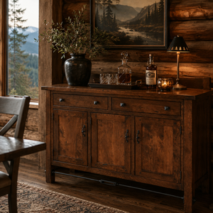 Rustic wood buffet styled as a home bar in an elegant log cabin dining room with mountain views and warm ambient lighting.