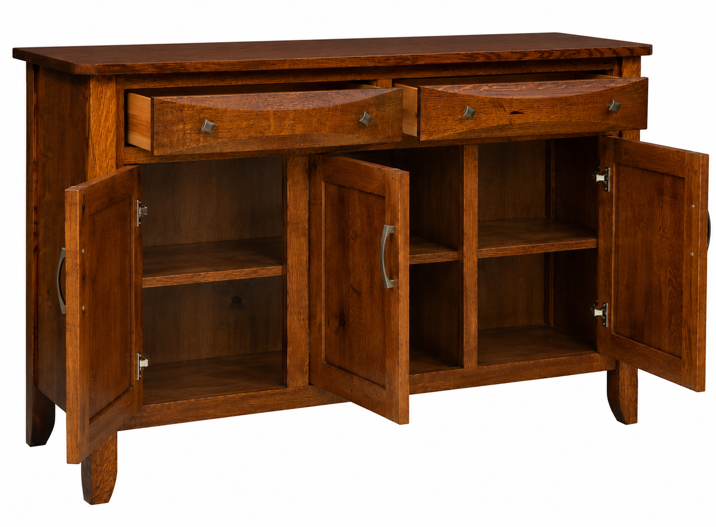 Elegant rustic Amish sideboard with open doors to showcase dining storage