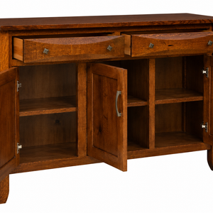 Elegant rustic Amish sideboard with open doors to showcase dining storage