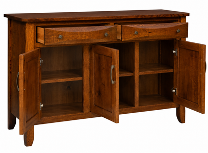 Elegant rustic Amish sideboard with open doors to showcase dining storage