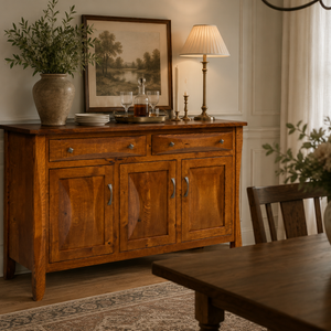 Elegant dining room featuring a solid wood buffet styled as a home bar with warm lighting, framed art, and classic décor.