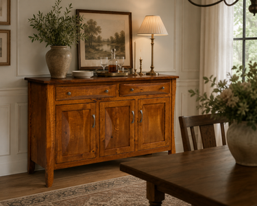 Elegant dining room featuring a solid wood buffet styled as a home bar with warm lighting, framed art, and classic décor.