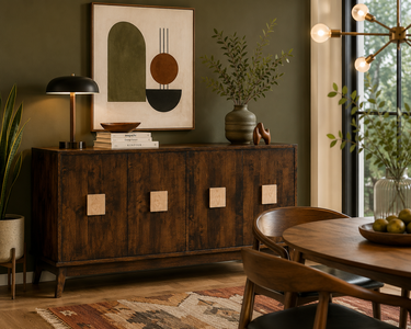 Mid-century modern dining room featuring a solid wood sideboard with geometric accents, warm décor, and olive green walls.