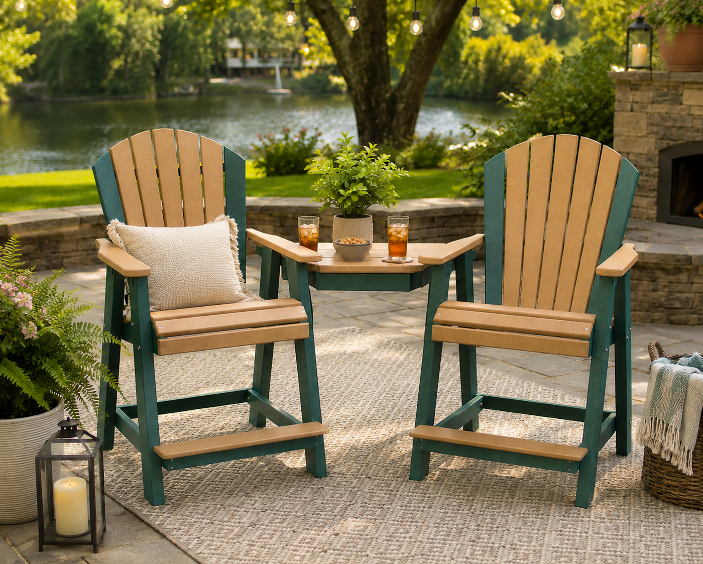 Poly counter-height Tête-à-Tête chair set with center table on a lakeside patio for outdoor relaxation.