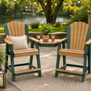 Poly counter-height Tête-à-Tête chair set with center table on a lakeside patio for outdoor relaxation.