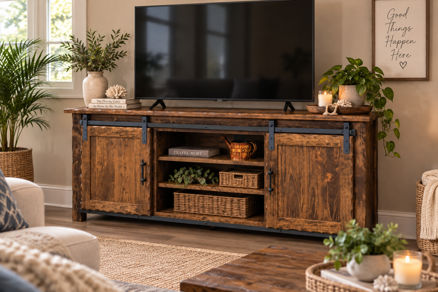 Hand Hewn - Amish Handcrafted 70" TV Console With Sliding Barn Door