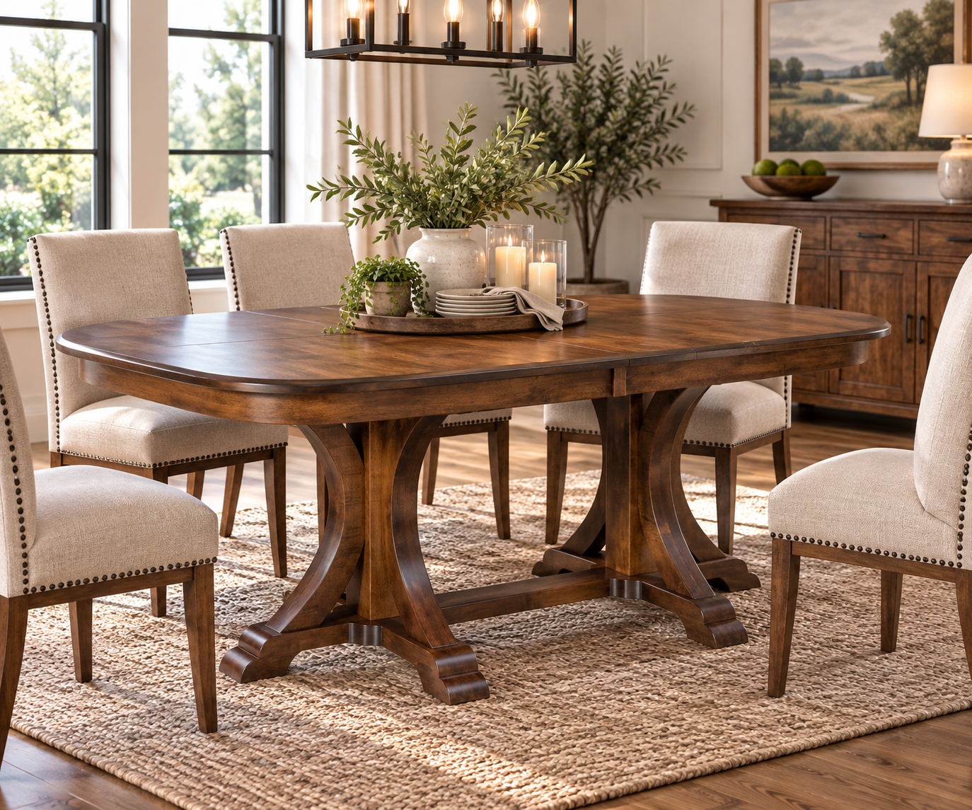 Granite Double Pedestal - Handcrafted Solid Top or Extension Dining Table